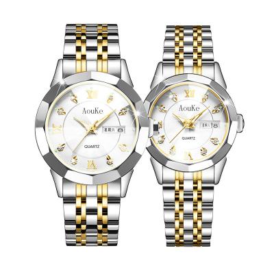 China Automatic Date Fashion Rhinestone Waterproof Stainless Steel Couple Calendar Quartz Wrist Watch Set Couples Watch for sale