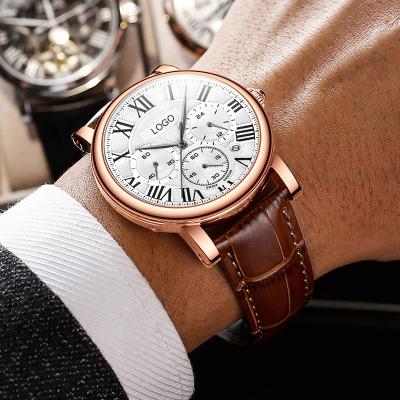 China Wholesale Custom Automatic Watch Leather Strap Date Chronograph Calendar Waterproof Quartz Watches For Men for sale