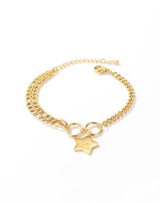 China TRENDY Stainless Steel Double Layer Star Charm Cuban Chain Bracelet With Crown Logo for sale