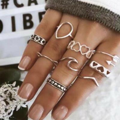 China FASHIONABLE Silver Jet Cat Ears Combination Midi Rings Love Heart For Women Set Combination Joint Ring Set for sale