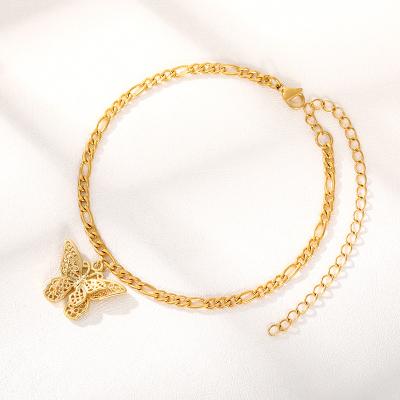 China Eco-friendly Charm Gold Butterfly Anklet Double Layer Cuban Chain Butterfly Women Foot Jewelry for sale