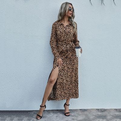 China Anti-wrinkle Fashion Autumn Casual Women Brown Leopard Print Midi Dresses Button Up Dress for sale