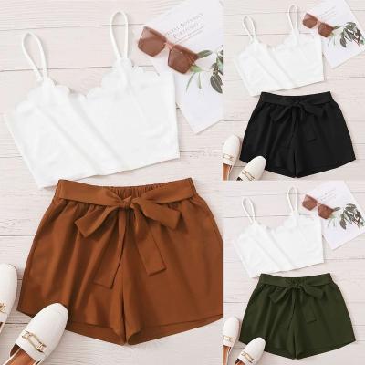 China Breathable Solid Tank Top And Elastic Waist Summer Lace Two Piece Pants Set Women Two Piece Set Clothing for sale