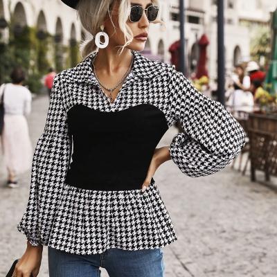 China Fashion design women's anti-pilling tops Dog-tooth trendy patchwork button lapel casual ladies blouses for sale