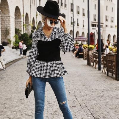 China Spring style anti-pilling fashion women's new ladies tops long sleeved houndstooth women's shirt ladies office blouse shirt for sale