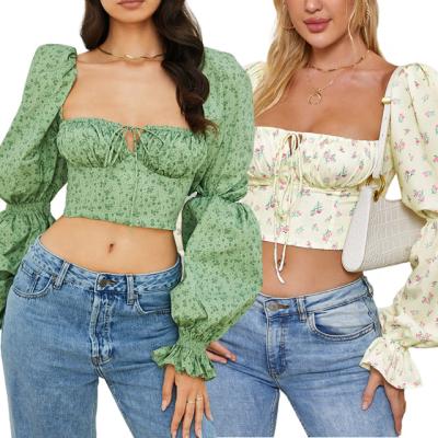 China Hot Selling Women's Anti-Shrink Tops Fashionable Sexy Long Sleeve Trumpet Lace Up Pleated Floral Crop Top for sale