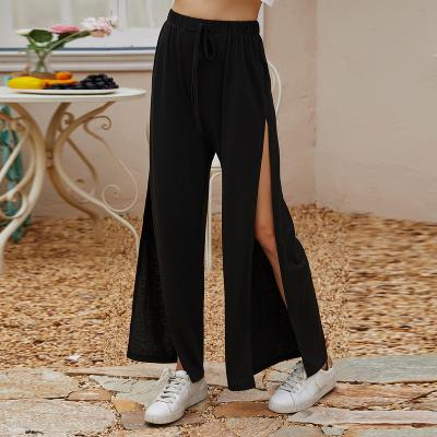 China New Breathable Summer Style Black Slit Pants Solid High Waist Female Casual Loose Wide Leg Pants for sale