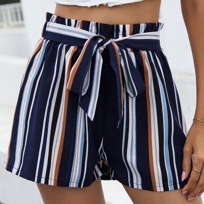 China Anti-wrinkle Women's Elastic Band Dropshipping Summer Abbreviations Set Multicolor Striped Print Casual Shorts for sale