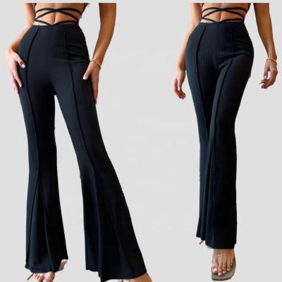 China Breathable Instagram Villain Clothes Sexy High Waist Tie Casual Pants For Women Black Rib Knit Flared Pants Women Trousers for sale