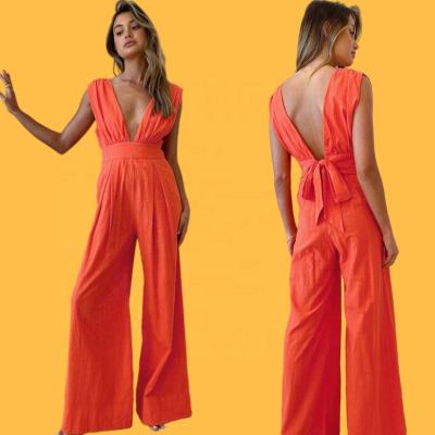 China High Waist 100% Cotton Breathable Neon Orange Backless Overalls 2022 Halter Tie Overalls Sexy Cloth Playsuits & Jumpsuits for sale