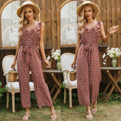 China Women Loose Sleeveless Suspender Anti-Wrinkle Summer New Arrival Leisure Overalls Floral Overalls Pants for sale