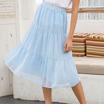 China Dropshipping Fashionable Soft Loose Baby Blue Dot Dobby Woman Casual Wear Polka Dot Breathable Summer Dropshipping Ruffled Midi A-Line Skirt for sale