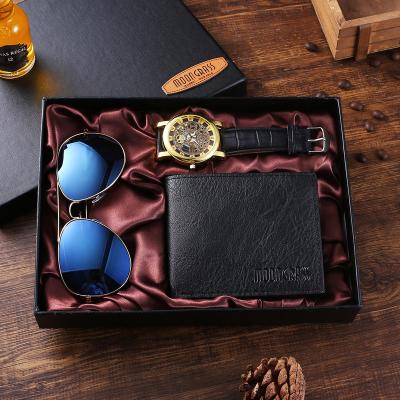 China Waterproof 3 Pieces Watch Gift Set Belt Sunglasses Watches Fashion Men Wallet And Belt Gift Set for sale