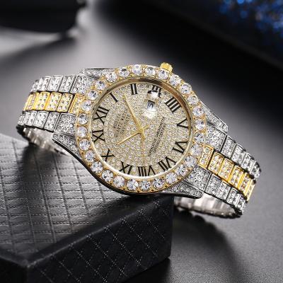 China Custom Waterproof Hot Selling Men's Watches Diamond Luxury Full Face Scale Steel Band Roman Calendar Swiss Quartz Watch for sale