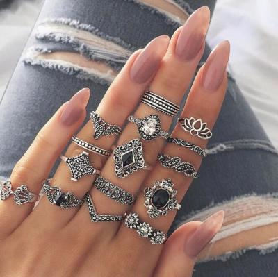 China TRENDY Jewelry Lotus Vintage Hollow Silver Knuckles Stackable Joint Rings Bohemian Geometric Black Stacking Ring Set for sale