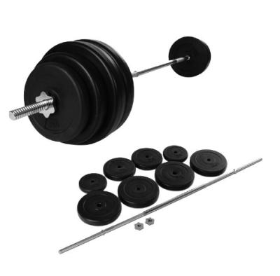 China Convenient Fitness Cement Strength Gym Equipment Driver Dumbbell Sand Filled Plastic Weight Plates 30kg Barbell Set for sale