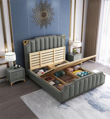 China Modern Design Bedroom Luxury Italian Storage Bed Tufted Royal King Size Beds Black Genuine Leather Upholstered Bed for sale