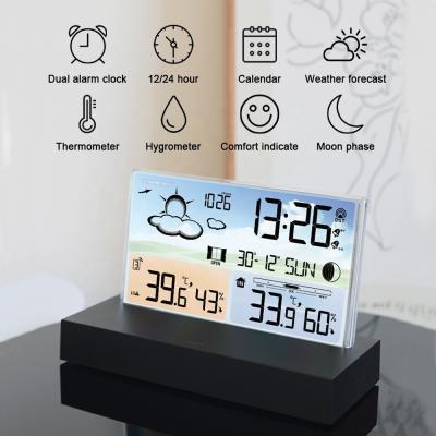 China Multi Functional Electronic Weather Forecast Alarm Clock Desktop Transparent Glass Color Screen RF Wireless for sale