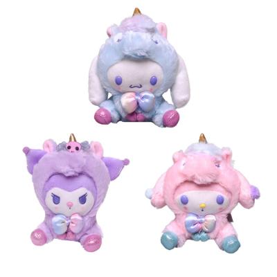 China Cute Fun 3 Styles Plush Toy Kawaii Cute Anime Kuromi Cinnamoroll My Melody Plush Transform Into A Unicorn Pendant Kid Toy Girl Gift for sale