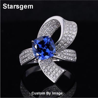 China Starsgem Luxury Jewelry Diamond Cushion Shape Blue Sapphire Small Knot Ring for sale