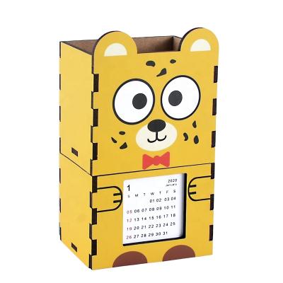 China Recyclable Diy Cartoon Two Compartment Large Capacity Student Wooden Pencil Pen Holder for sale