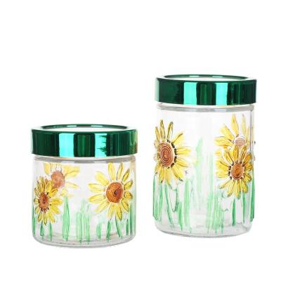 China Hand Painted Freshness Preservation Sunflower Shape Glass Storage Jar And Bottles for sale