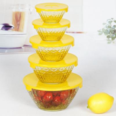 China Disposable Promotional Gifts Red Cherry Fresh Glass Bowl With Crisper Five Round Salad Bowl Lid Set for sale