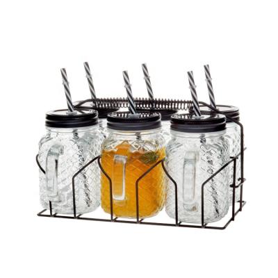 China Freshness Retention Set Of 7 Clear Glass Mason Jar Set With Black Metal Holder And Straw for sale