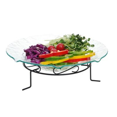 China Stocked 2pcs Round Flower Shape Glass Salad Serving Bowl With Metal Rack for sale