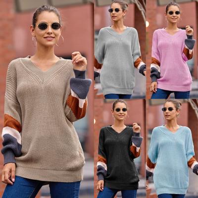 China Anti-wrinkle Cotton Blends Women Long Sleeve V-Neck Neck Color Blocking Stripe Sweater for sale