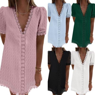 China Dot Washable Short Casual Swiss Lace V-Neck Sleeve Summer Shift Dress for sale