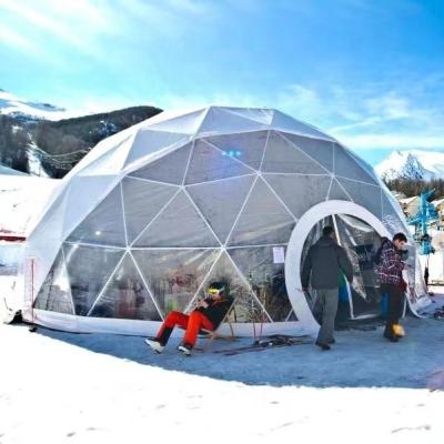 China Camouflage/Field Winter Outdoor Luxury Igloo Glamping Clear Space Geodesic Dome House Tent with Chimney Insulation for sale