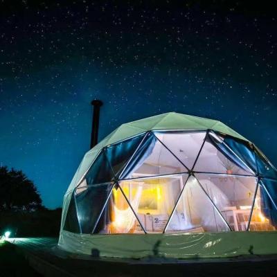 China Camouflage/Field Winter Outdoor Luxury Igloo Glamping Clear Space Geodesic Dome House Tent with Chimney Insulation for sale