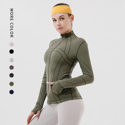 China New QUICK DRY zipper stitching fitness cut running long sleeve standing collar yoga women sports coat tight running for sale