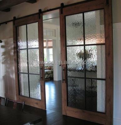 China Modern Bi-pariting Ice Glass Sliding Wooden Barn Door With Hardware for sale