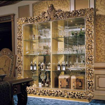 China OE-FASHION Luxury Eco-friendly Solid Wood Carving Antique Wine Cabinet Wine Cabinet with Glass Door for sale