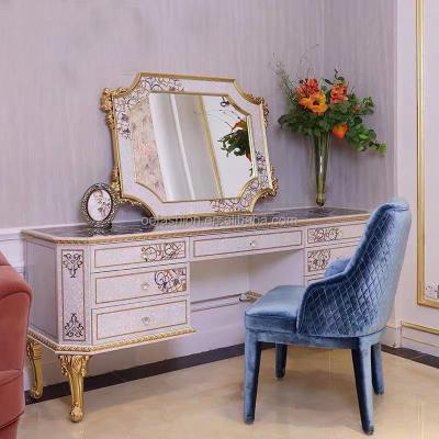 China OE-fashion European luxury modern diamond solid wood white dresser set classic luxury handmade wooden dressing table set with mirror for sale