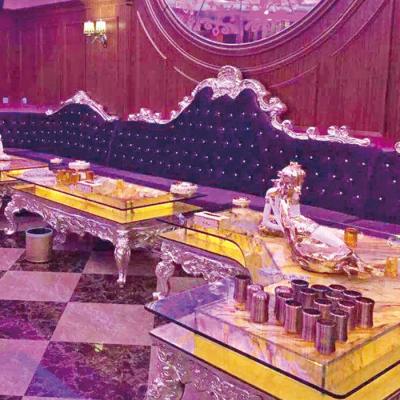 China BAR SET OE-FASHION Customized Luxury European Style Corner Fabric Purple Sofa With Silver Frame For Night Club Furniture for sale