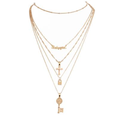 China TRENDY Fashion Gold Plated Lock Necklace Multilayer Cross Chain Lady Girl Gift for sale