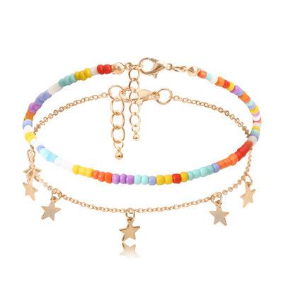 China CLASSIC Set 2Pcs Gold Plated Anklet Five Pointed Pendant Popular Colorful Beads Chain Anklet For Beach Dress for sale