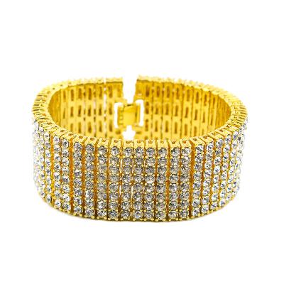 China Hiphop Big Hip Hop Gold 8 Rows Mens Tennis Bangle Exaggerated Bracelet Gold Charm Crystal Bracelet for sale