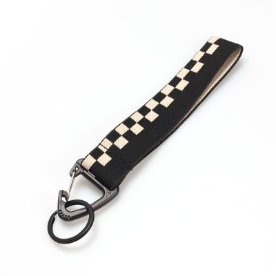 China 1 Thickened nylon woven key chain Strap Metal Hook Black White plaid pattern elastic webbing keychain for sale