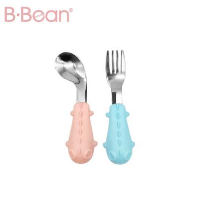 China Animal Bpa Free Silicone and Stainless Steel Shape Short Handle Kids Toddler Kids Baby Fork and Spoon Set for sale