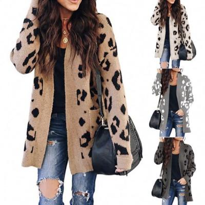 China 2021 New Arrival Fashion Anti-wrinkle Long Sleeve Open Knit Sweater Leopard Print Women's Cardigan Sweater for sale