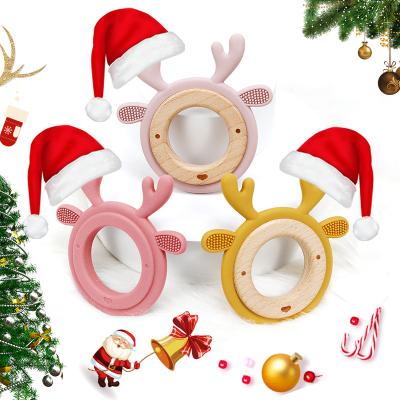 China 100%food grade hot wooden silicone baby teether ring teether amazon baby teether 2022 christmas gift deer wooden silicone baby teether toy bpa free for sale