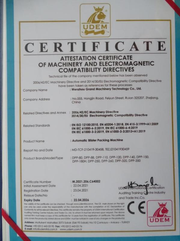 CE - Wenzhou Grand Machinery Technology Co., Ltd.