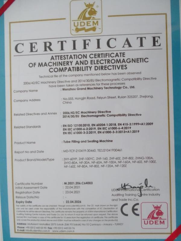 CE - Wenzhou Grand Machinery Technology Co., Ltd.