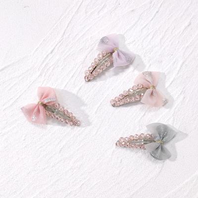 China Cute Kids Hair Accessories METAL B.PHONE OEM/ODM Pale Pink Bow Crystal Beads Snap Hair Clips For Kids Hair for sale