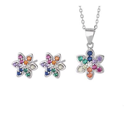 China Women's Accessories S925 Sterling Silver Rainbow Diamond Flower Necklace Set micro for sale