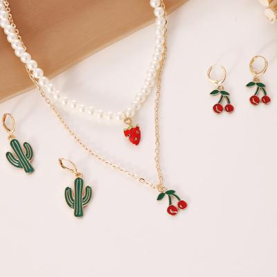 China Europe and America pearl strawberry cherry cactus personalized necklace earring set creative cherry necklace for sale